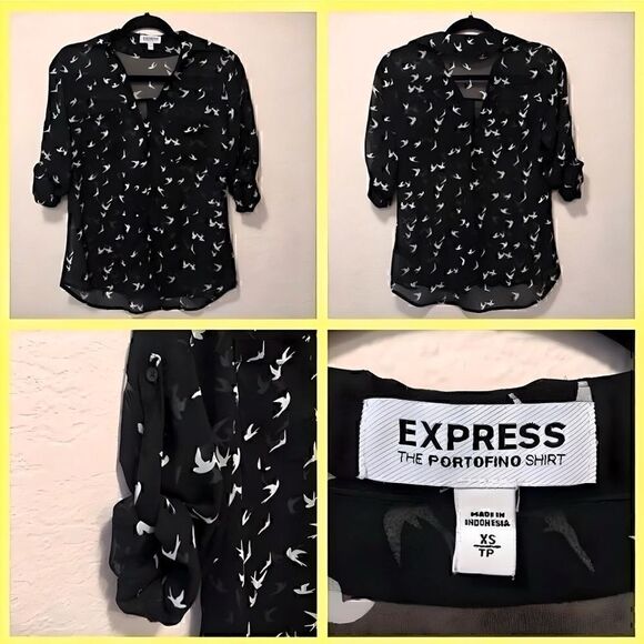 NWOT. Express Portofino Black Shirt rollup sleeves - Picture 1 of 6